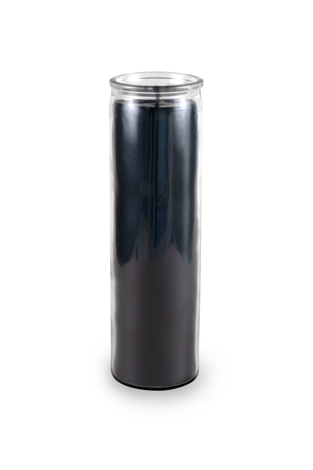 an undecorated black wax prayer candle