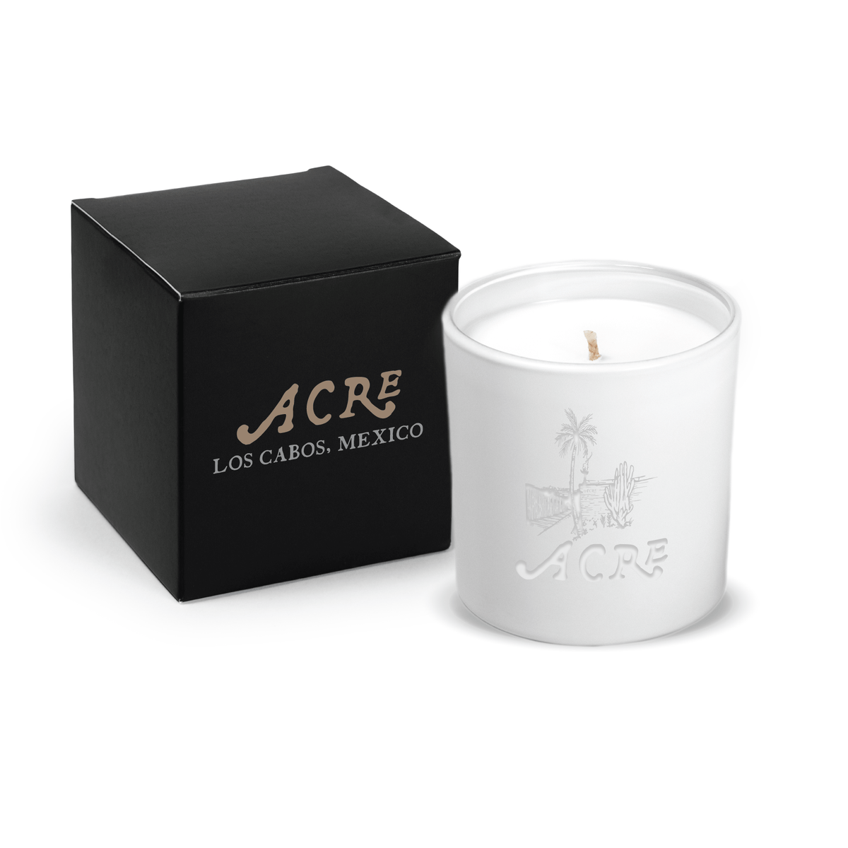 Matte white 9 oz. engraved custom candle paired with a matte black gift box.