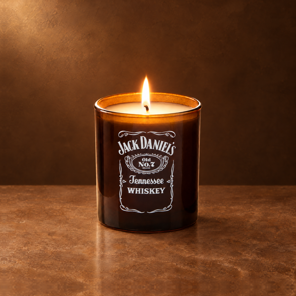 Glossy Amber 9 oz. Classic Printed Candle lit with a printed custom logo, shown on a matching amber background.