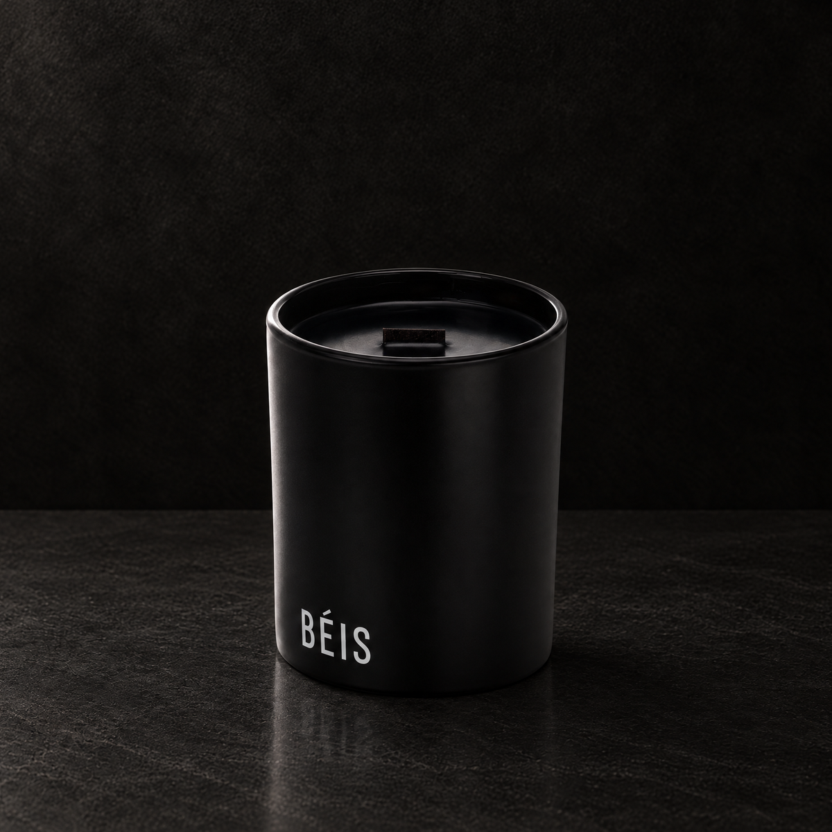 Matte black 14 oz. Luxury Printed Candle with a custom printed logo, unlit.