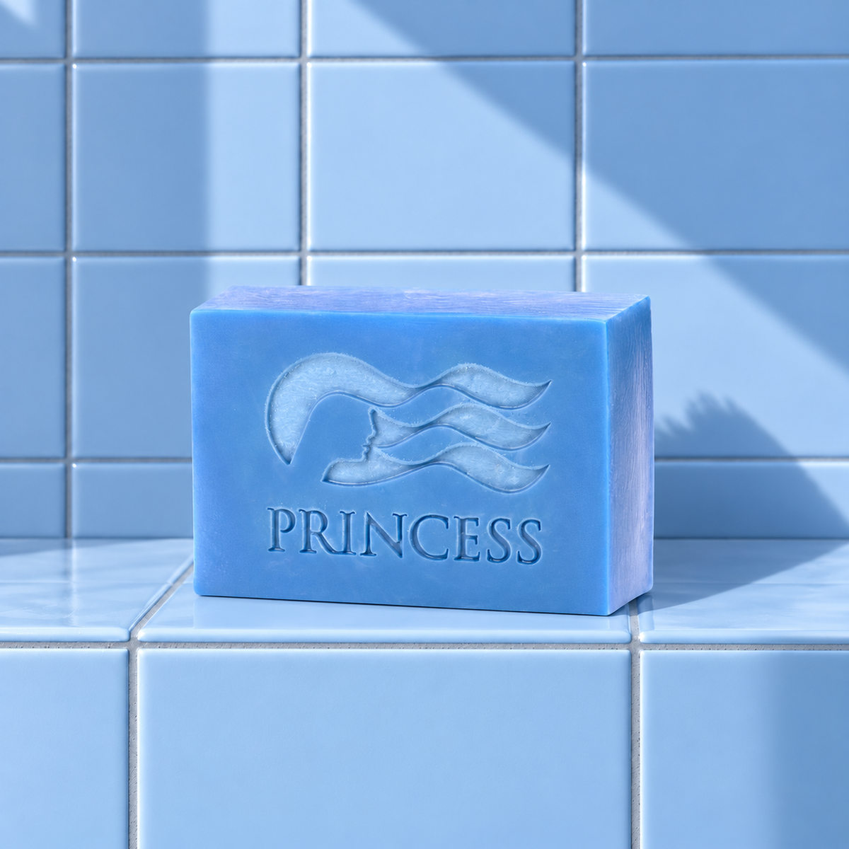 Blue rectangle bar soap laser engraved with a brand logo, 3.25 oz