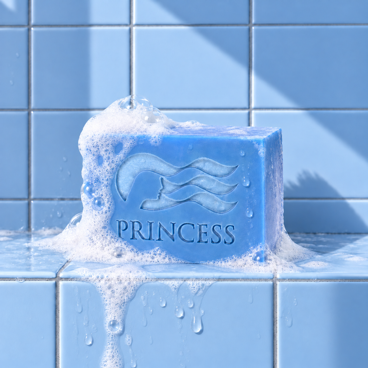 Blue rectangle bar soap laser engraved with a brand logo, 3.25 oz, with soap bubbles