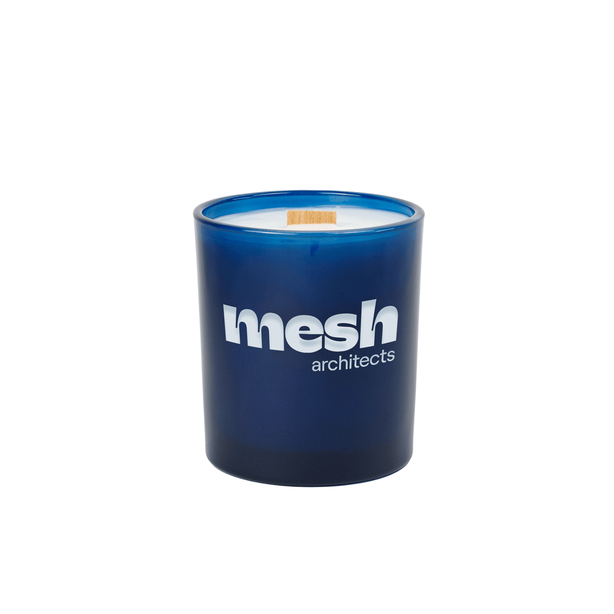 Blue 14 oz colored glass luxury candle with an engraved brand logo, shown on its own.