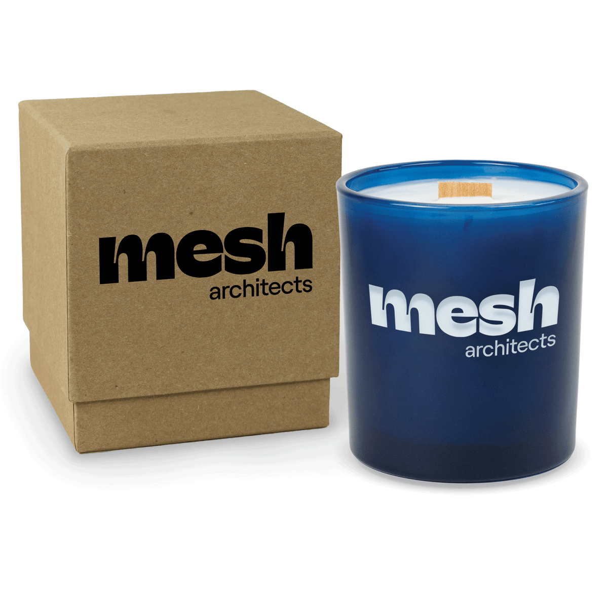 Blue 14 oz colored glass engraved logo candle beside a kraft gift box on a white background.