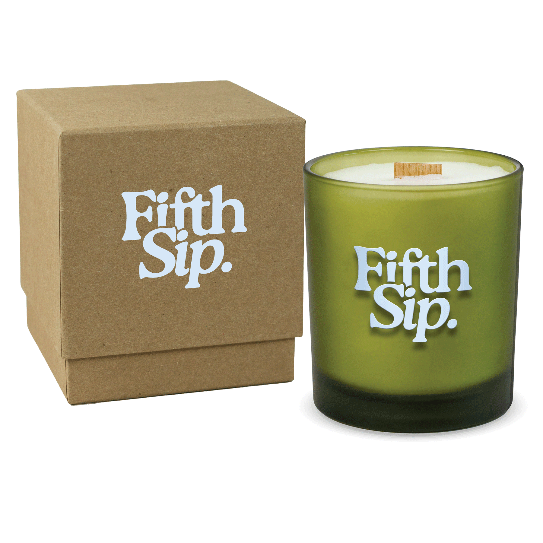 Green colored-glass 14 oz candle beside a kraft gift box.