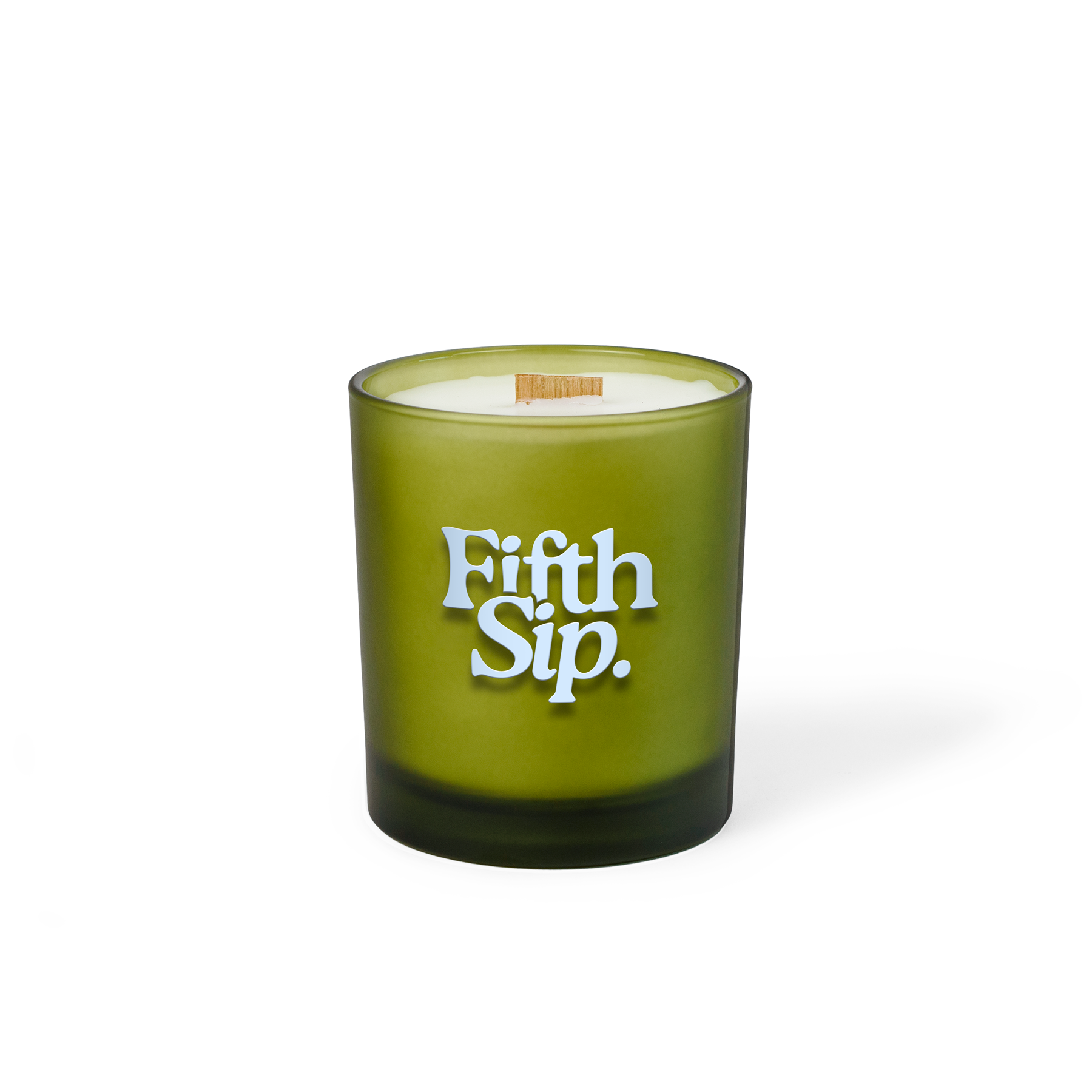 Green colored-glass 14 oz candle with a printed brand logo, shown on its own.