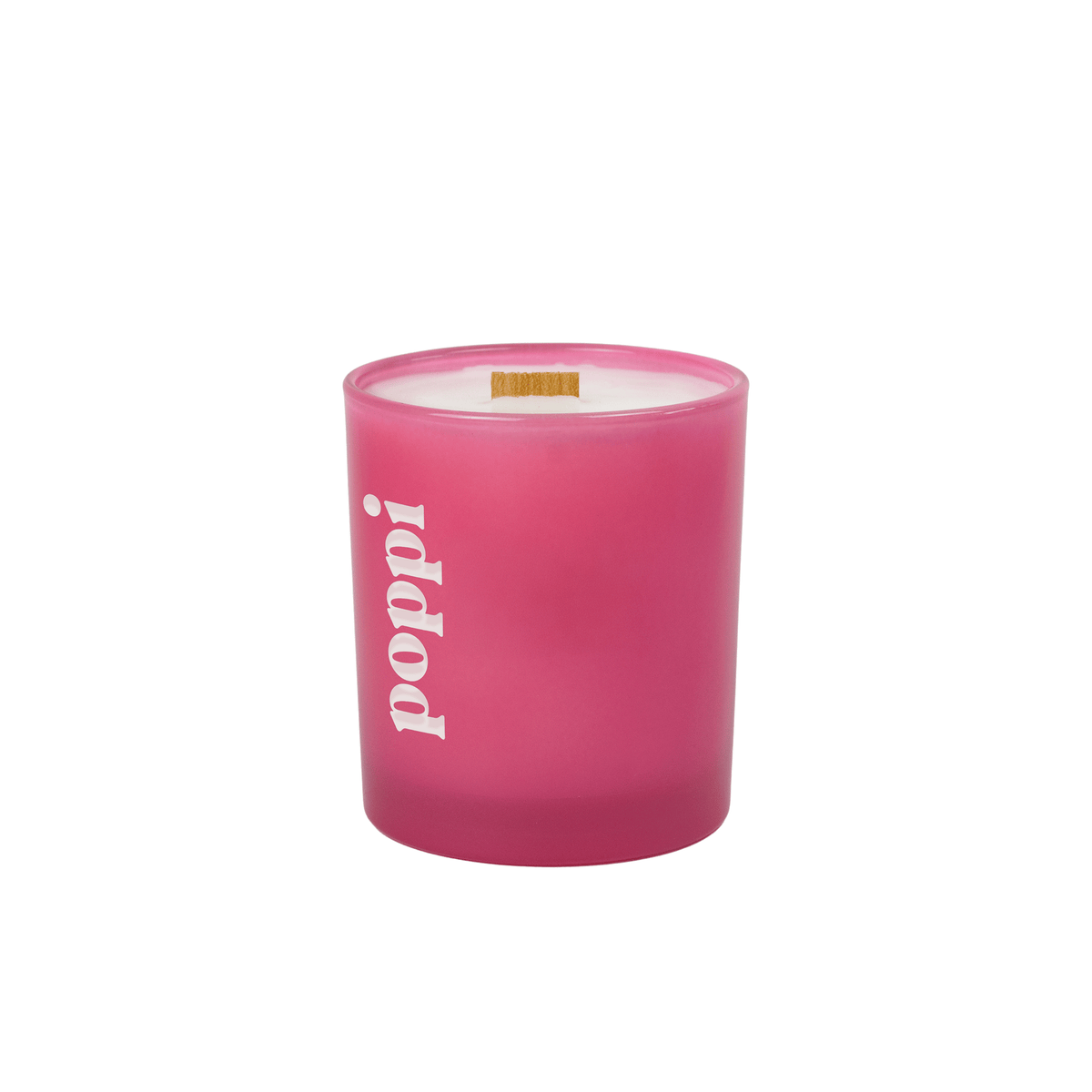 Pink 14 oz colored glass luxury candle with an engraved brand logo, shown on its own.