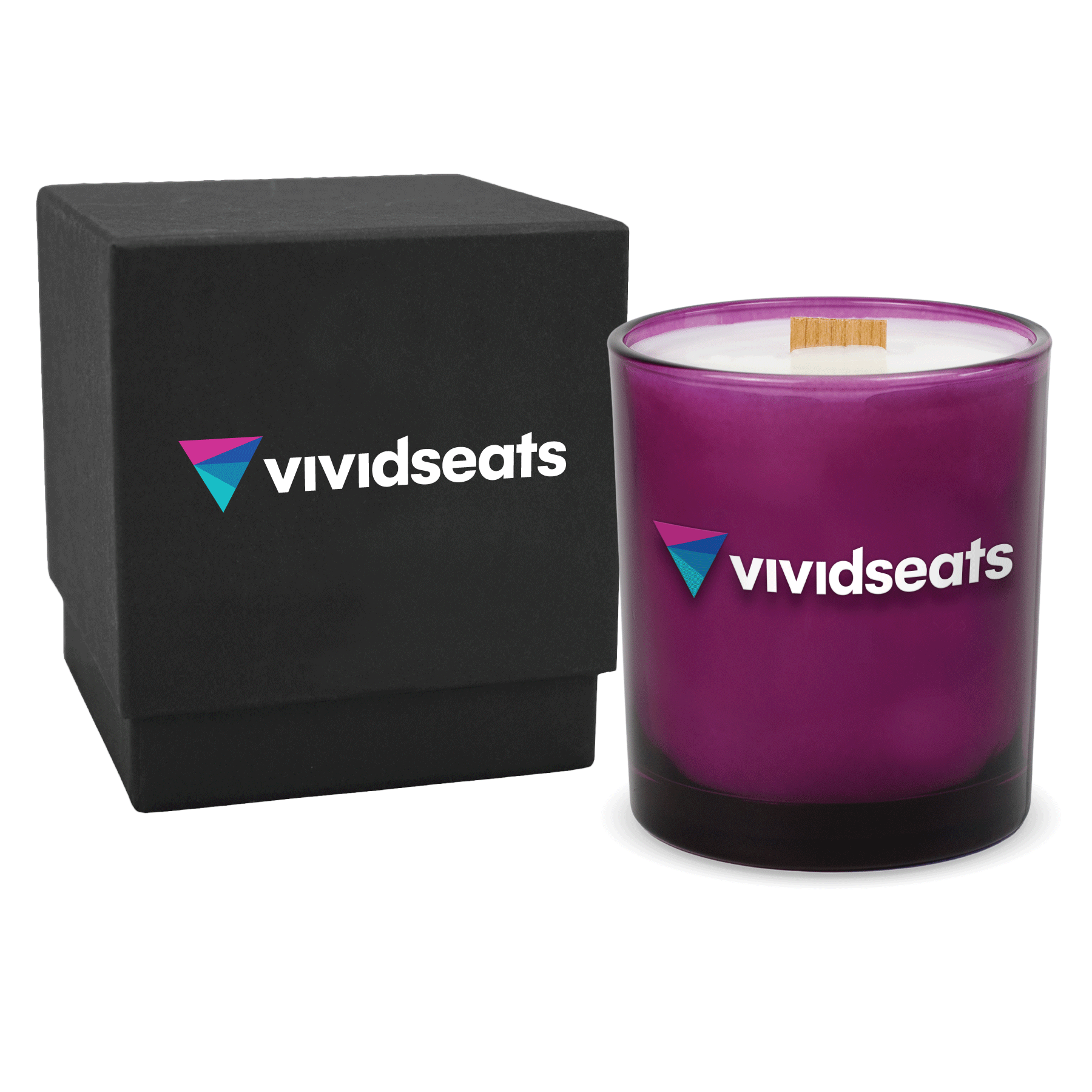 Purple colored-glass 14 oz candle beside a matte black gift box.