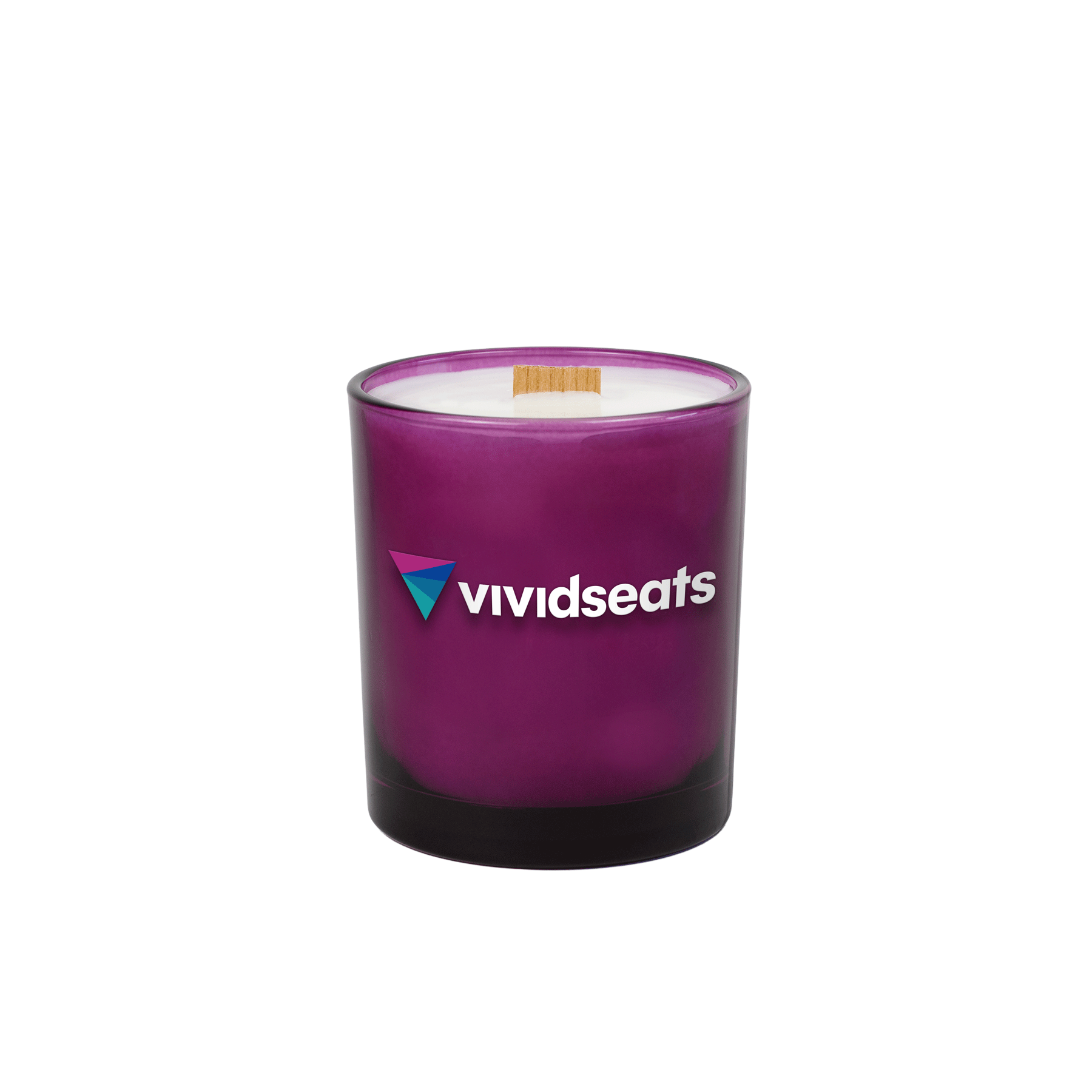 Purple colored-glass 14 oz candle with a printed brand logo, shown on its own.