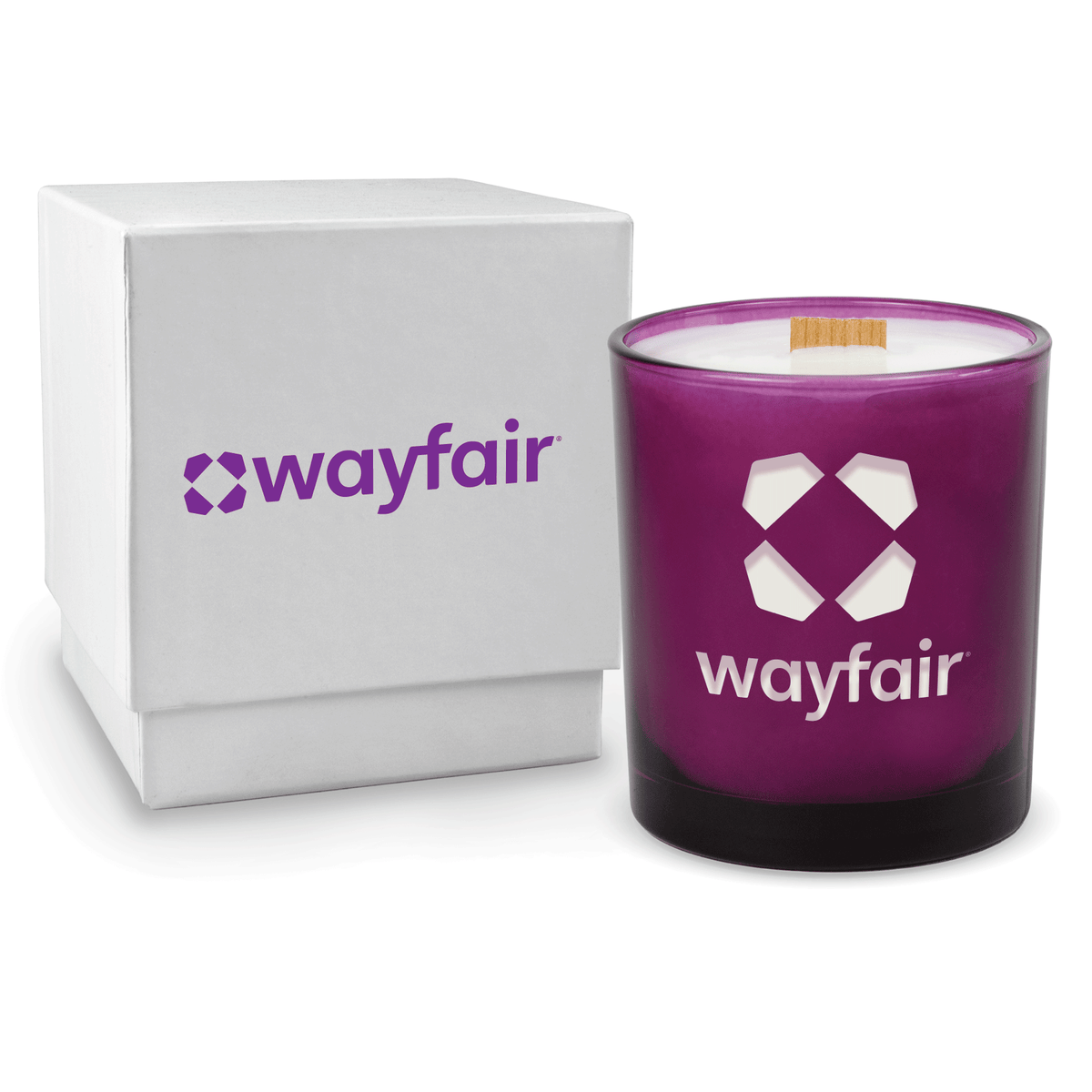 Purple 14 oz colored glass engraved logo candle beside a glossy white gift box on a white background.