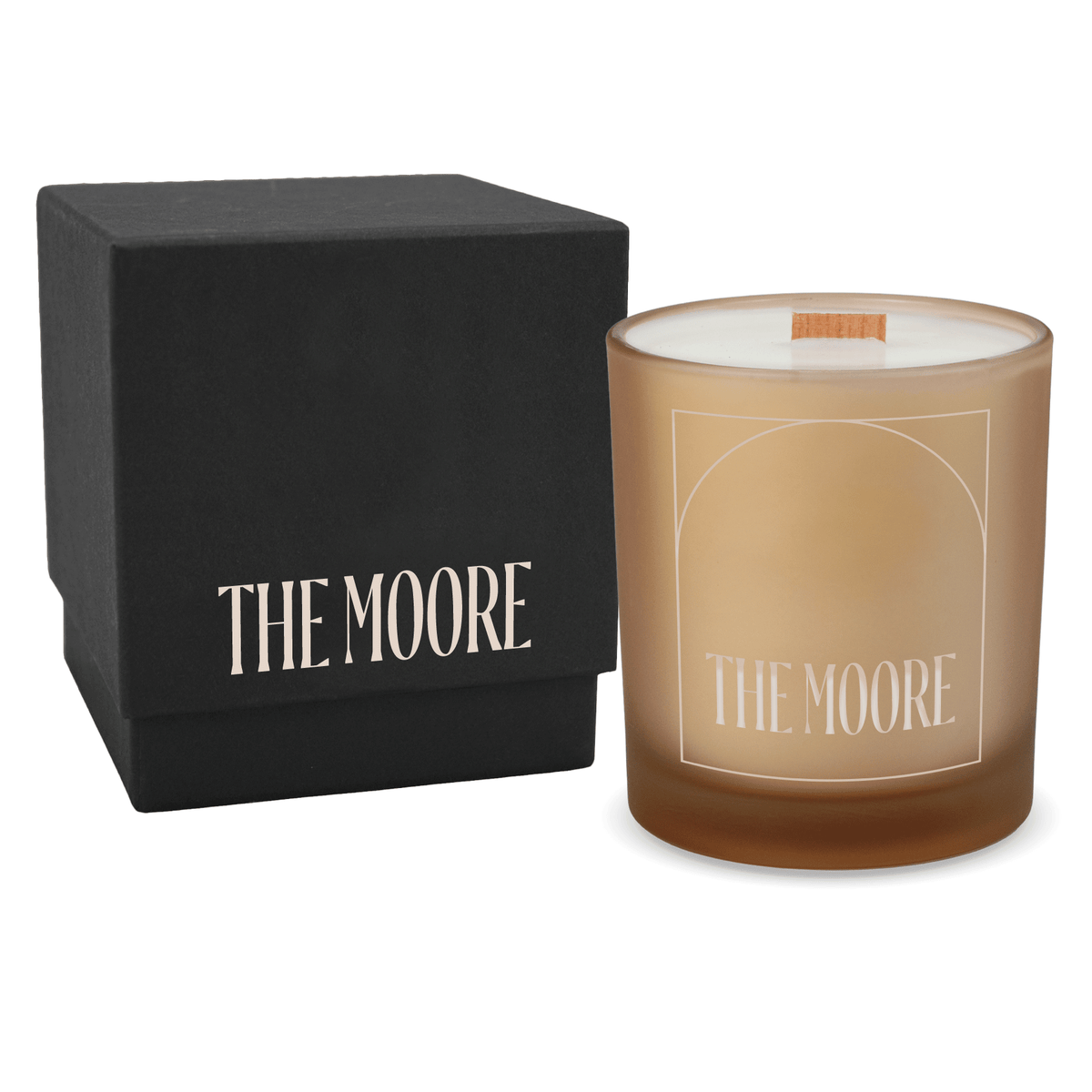 Sand colored glass candle, 14 oz, shown alongside its matte black gift box