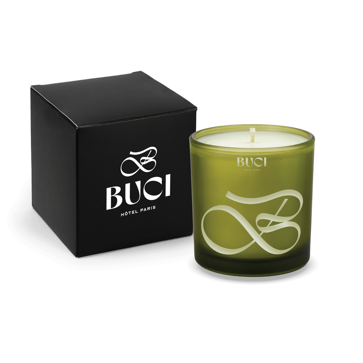 Green colored glass candle, 9 oz, shown alongside its matte black gift box