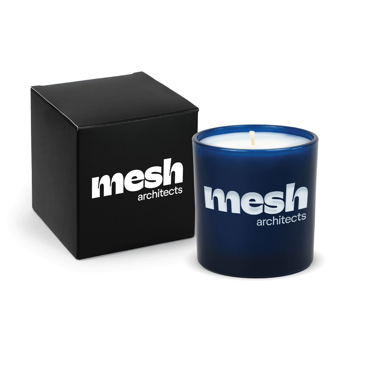 Blue 9 oz. engraved colored glass candle paired with a matte black gift box.
