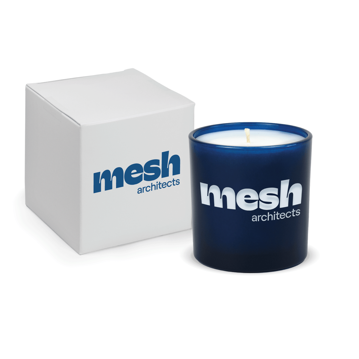 Blue 9 oz. engraved colored glass candle paired with a white gift box.