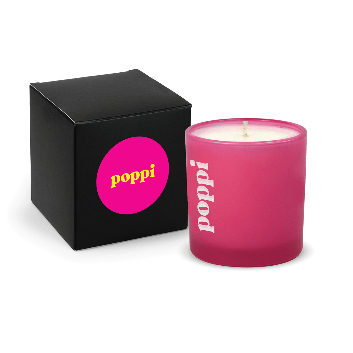 Pink 9 oz. engraved colored glass candle paired with a matte black gift box.