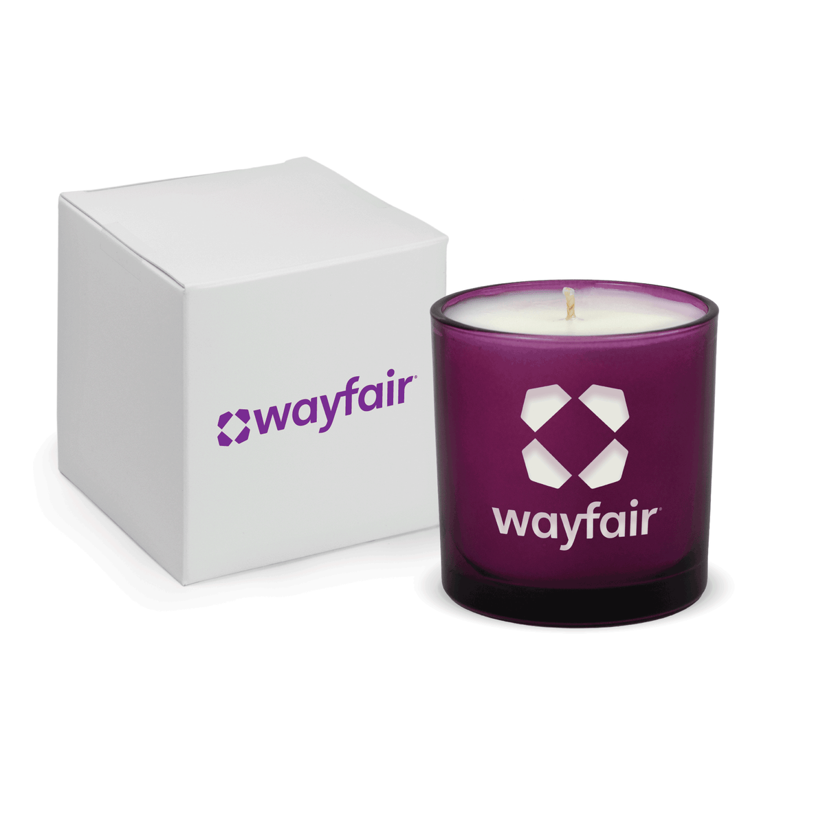 Purple 9 oz. engraved colored glass candle paired with a white gift box.