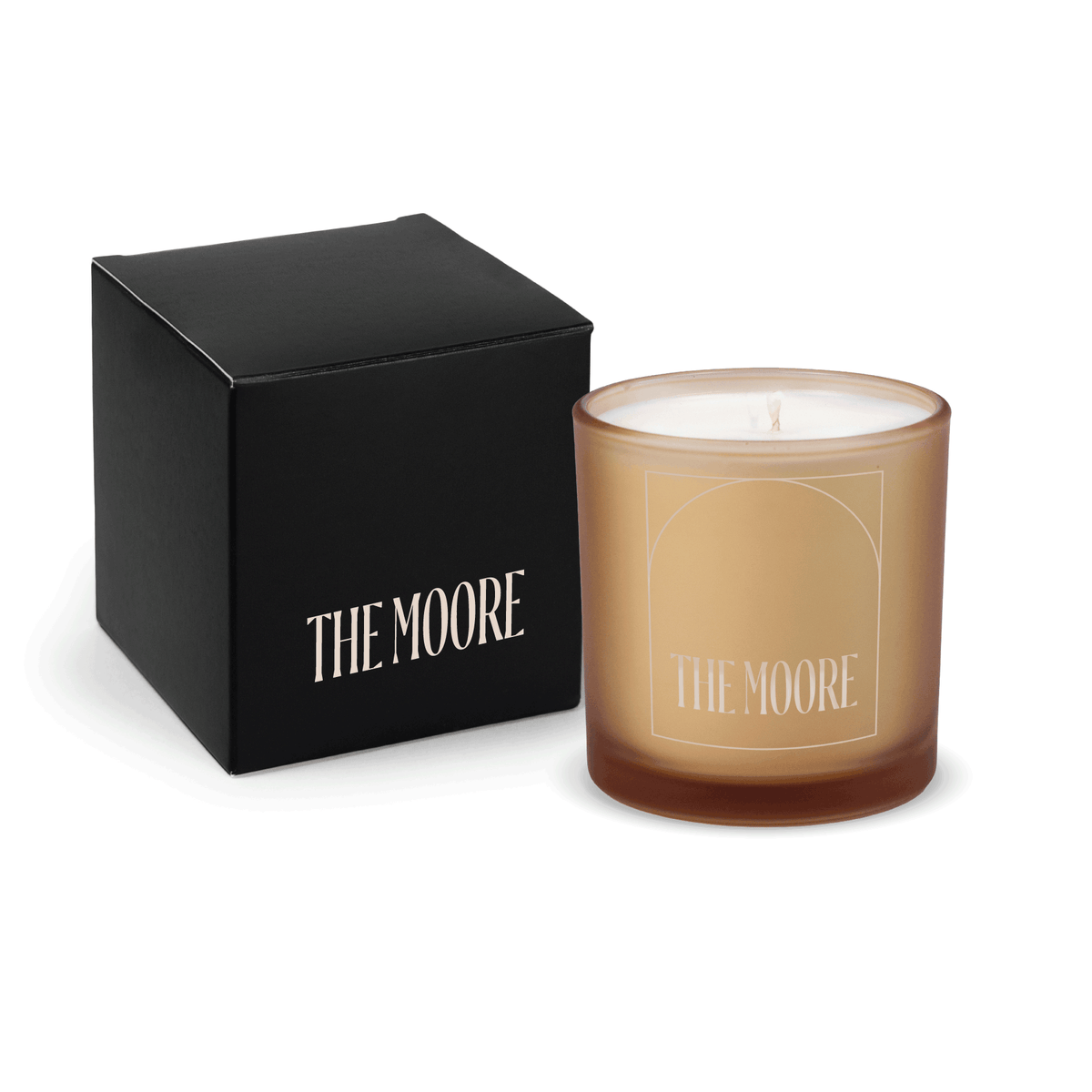 Sand 9 oz. engraved colored glass candle paired with a matte black gift box.