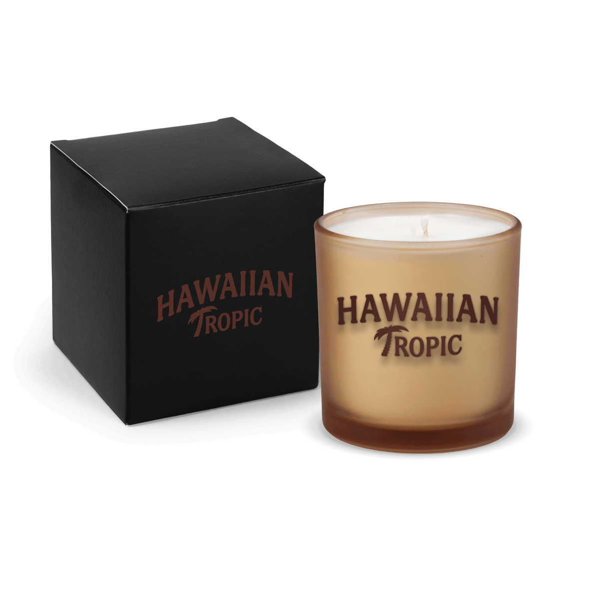 Sand 9 oz. printed colored glass candle paired with a matte black gift box.