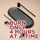 A black candle snuffer, black tray, and a black wick trimmer on a plain beige background with the text "Burn only 4 hours at a time" in red on the bottom right corner of the image.