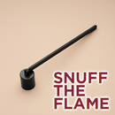 A black candle snuffer from Custom Candles L.A. on a plain beige background with the text "SNUFF THE FLAME" in red on the bottom righthand corner of the image.