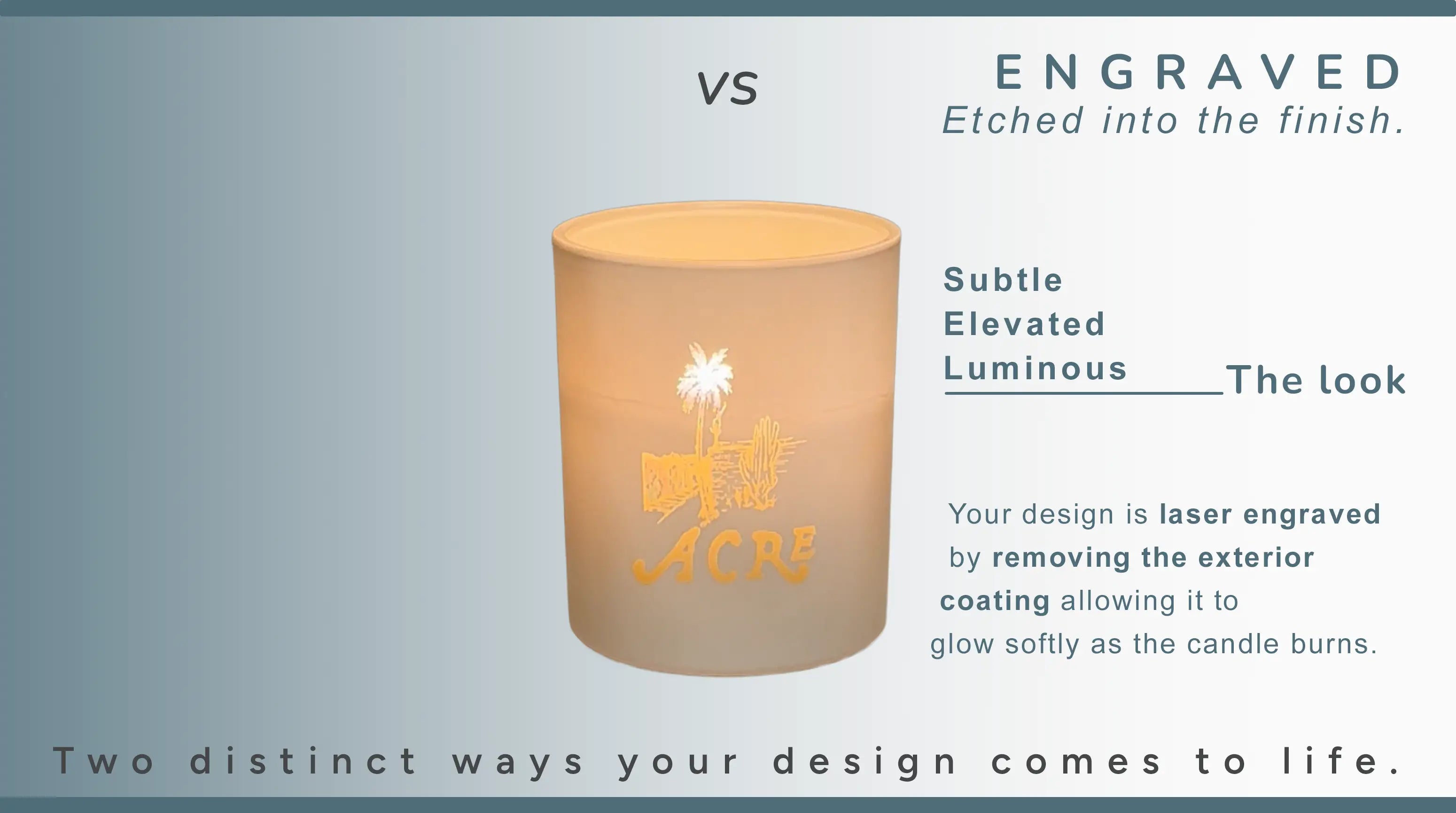 Engraved candle with logo design on a gray background