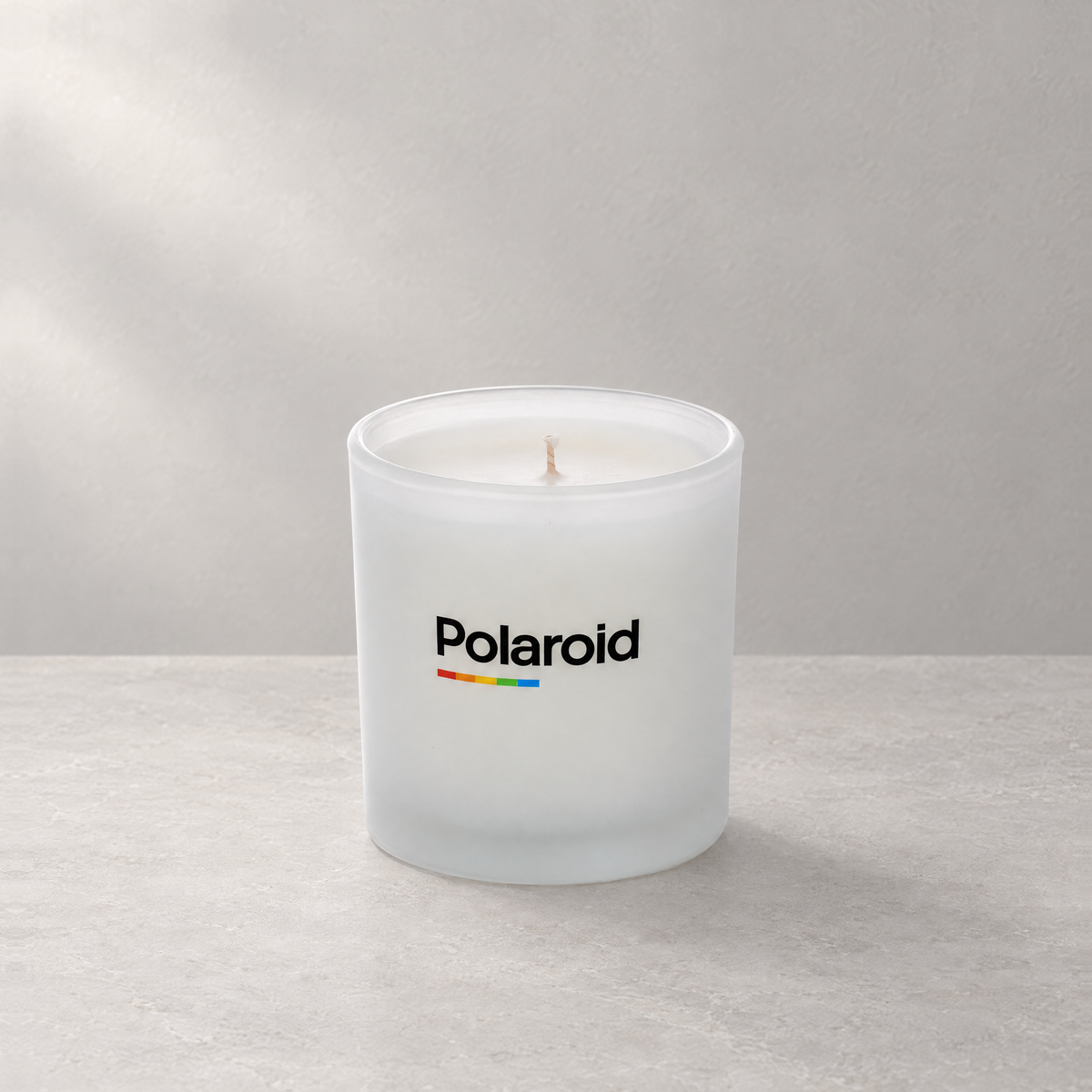 Satin frosted 9 oz. Classic Printed Candle with a custom printed logo, unlit.