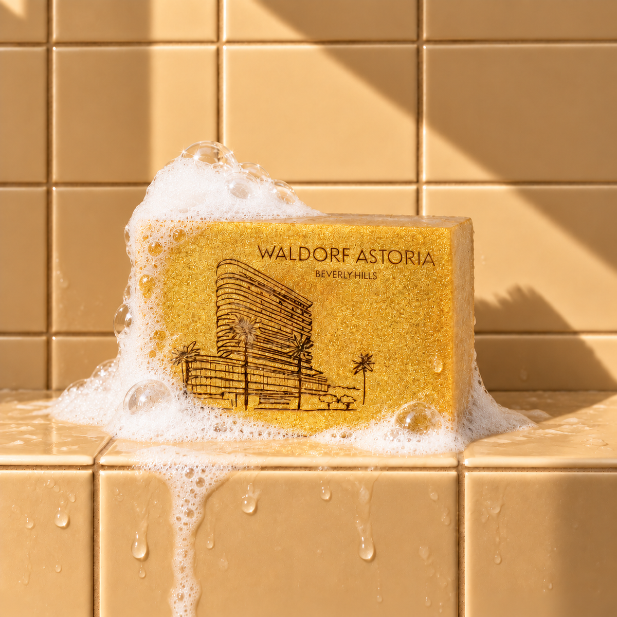 Gold rectangle bar soap laser engraved with a brand logo, 3.25 oz, with soap bubbles