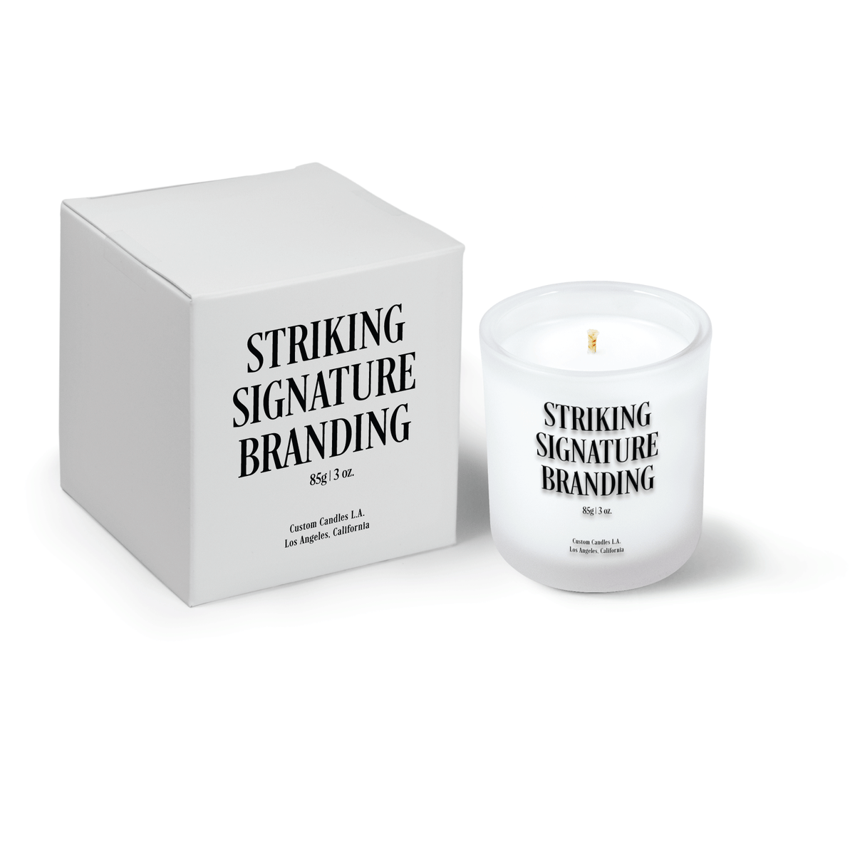 Frosted 3 oz Mini Signature candle, printed, shown beside its gift box.