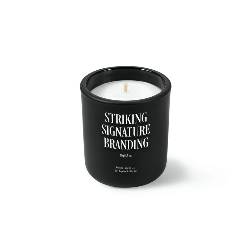 Jet black 3 oz Mini Signature candle with a printed custom logo, shown on its own.