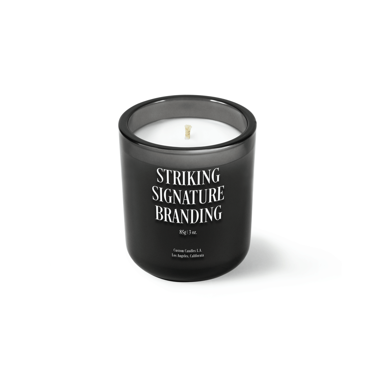 Charcoal gray 3 oz Mini Signature candle with a printed custom logo, shown on its own.