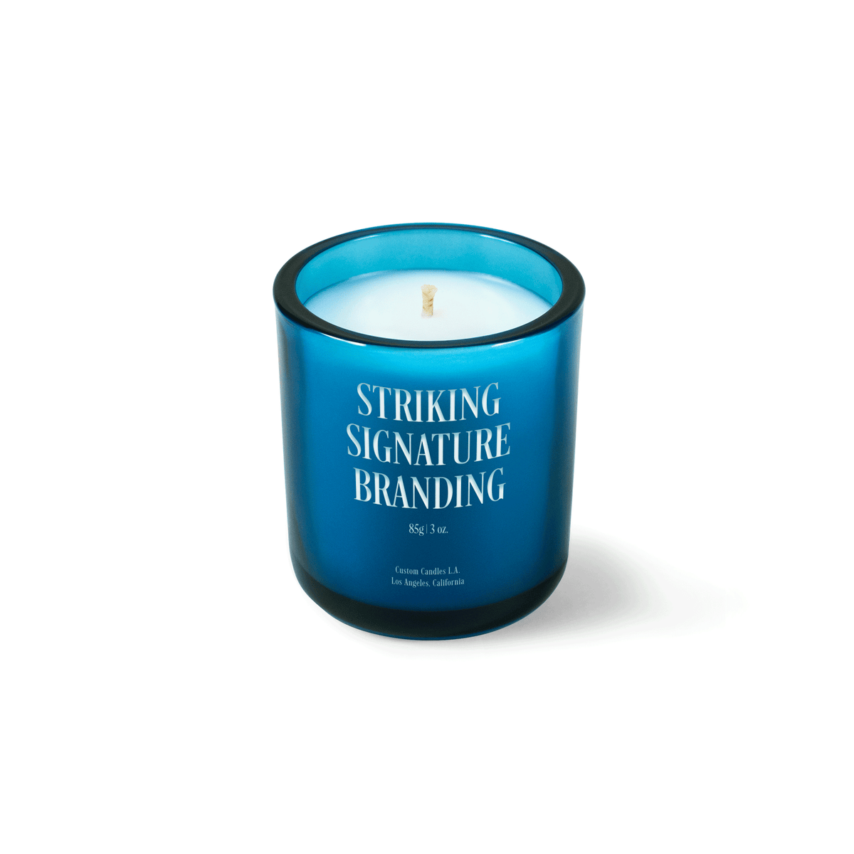 Teal 3 oz Mini Signature candle with a laser-engraved custom logo, shown on its own.