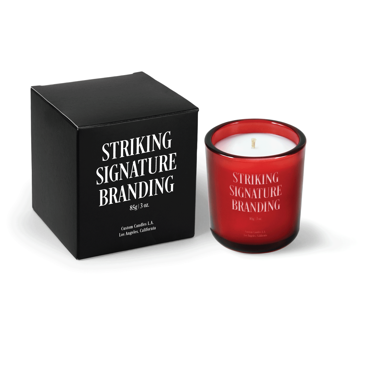 True red 3 oz Mini Signature candle, engraved, shown beside its gift box.