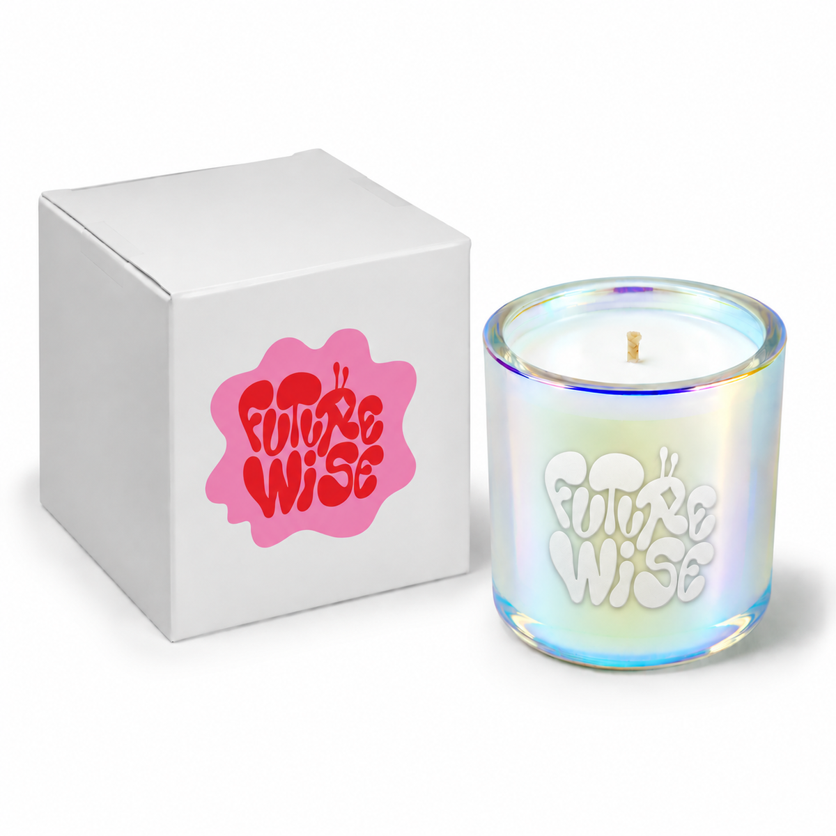 Iridescent pink 3 oz Mini Signature candle with a custom printed logo, shown beside its gift box.