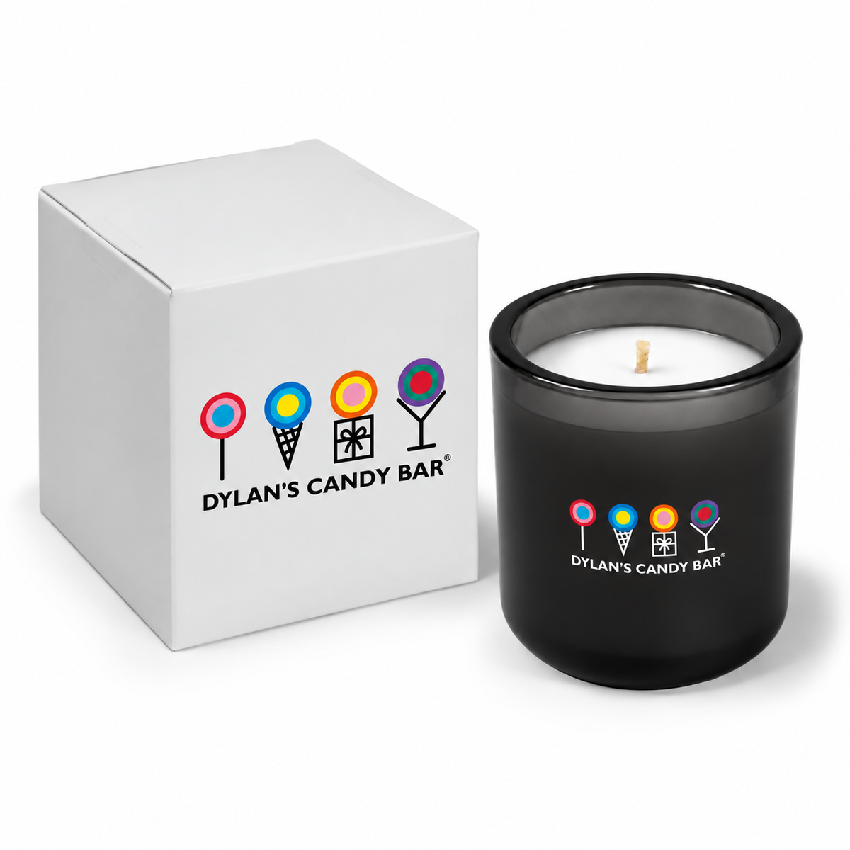 Charcoal gray 3 oz Mini Signature candle with a custom printed logo, shown beside its gift box.