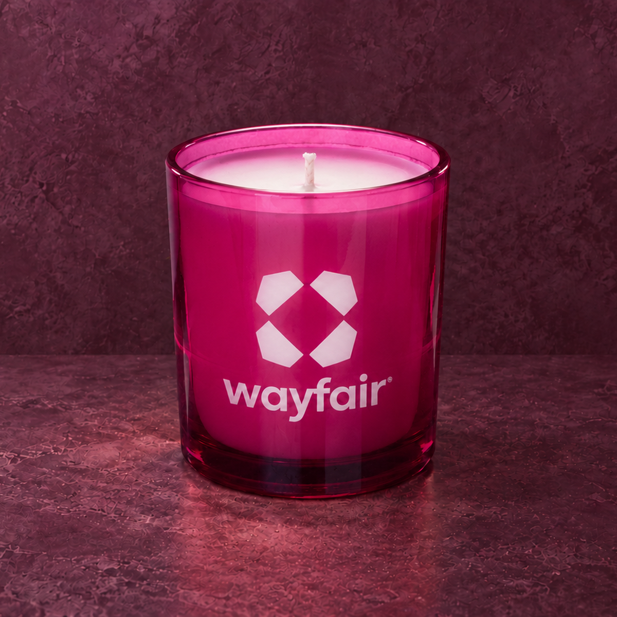 Purple 9 oz. Classic Engraved Candle with a custom engraved logo, unlit.