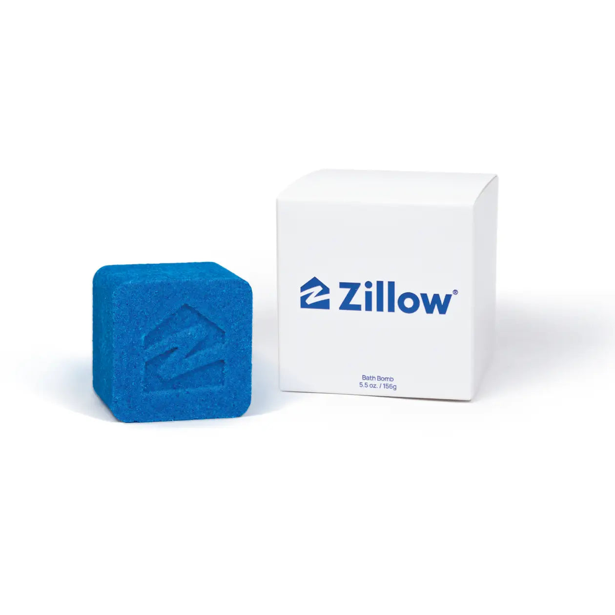 Blue custom bath bomb with debossed brand logo and white box – 5 oz | Custom Candles LA