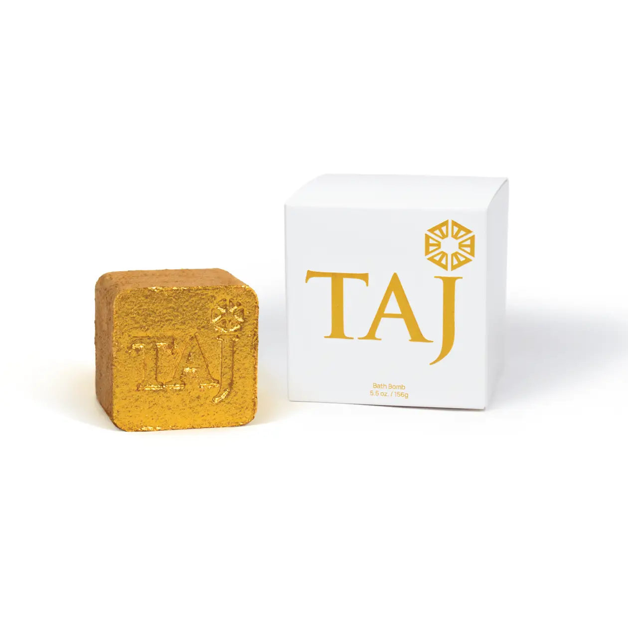Gold custom bath bomb with debossed brand logo and white box – 5 oz | Custom Candles LA