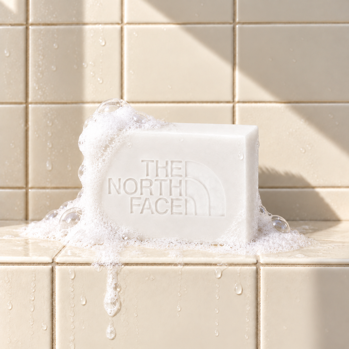 White rectangle bar soap laser engraved with a brand logo, 3.25 oz, with soap bubbles