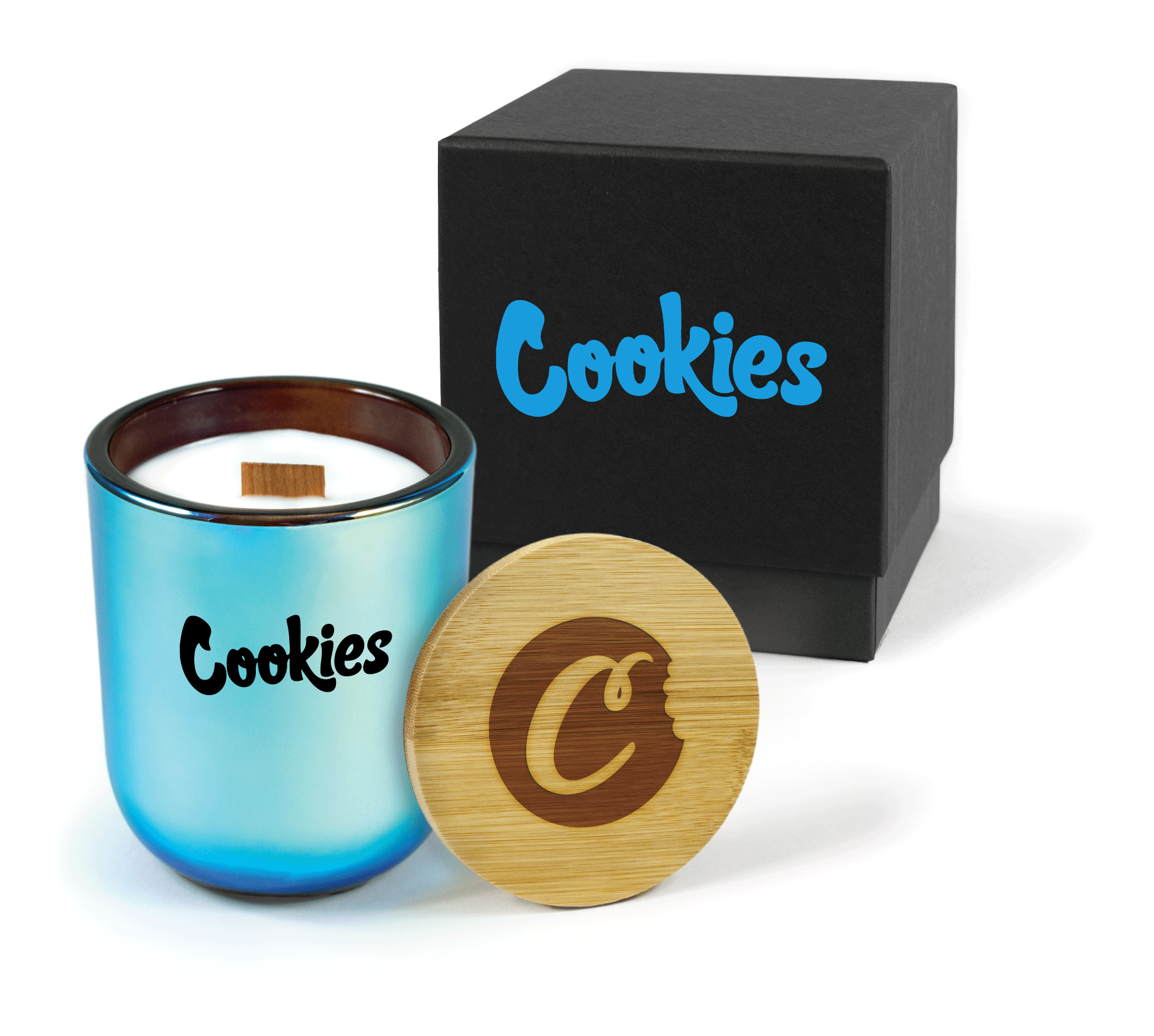 A 12 oz Luxe Custom Candle in the color “Euphoria” which is a metallic blue from Custom Candles LA. The candle features a wood wick and black printed logo for “Cookies” on the front of the glass. Leaning against the side of the candle is a bamboo candle lid engraved with the “Cookies” icon logo of a C inside of a cookies missing a bite. In the background, there is a black 2-piece box 4-color printed with a bright blue “Cookies” logo.