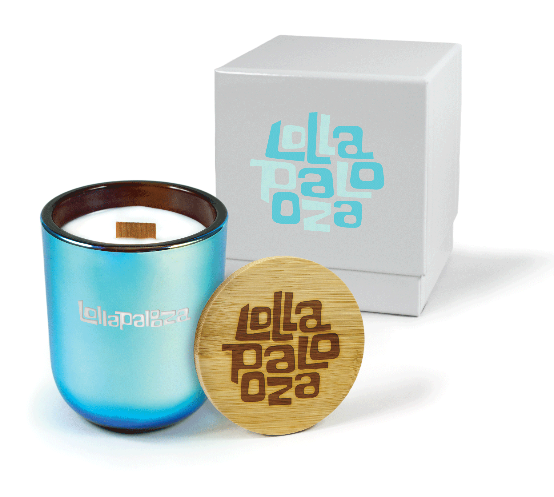 A 12 oz Luxe Custom Candle in the color “Euphoria” which is a metallic blue from Custom Candles LA. The candle features a wood wick and a laser-engraved “Lollapalooza” on the front of the glass allowing the white candle wax to show through. Leaning against the side of the candle is a bamboo candle lid engraved with the “Lollapalooza” logo. In the background, there is a white 2-piece box 4-color printed with the “Lollapalooza” logo in different shades of blue.