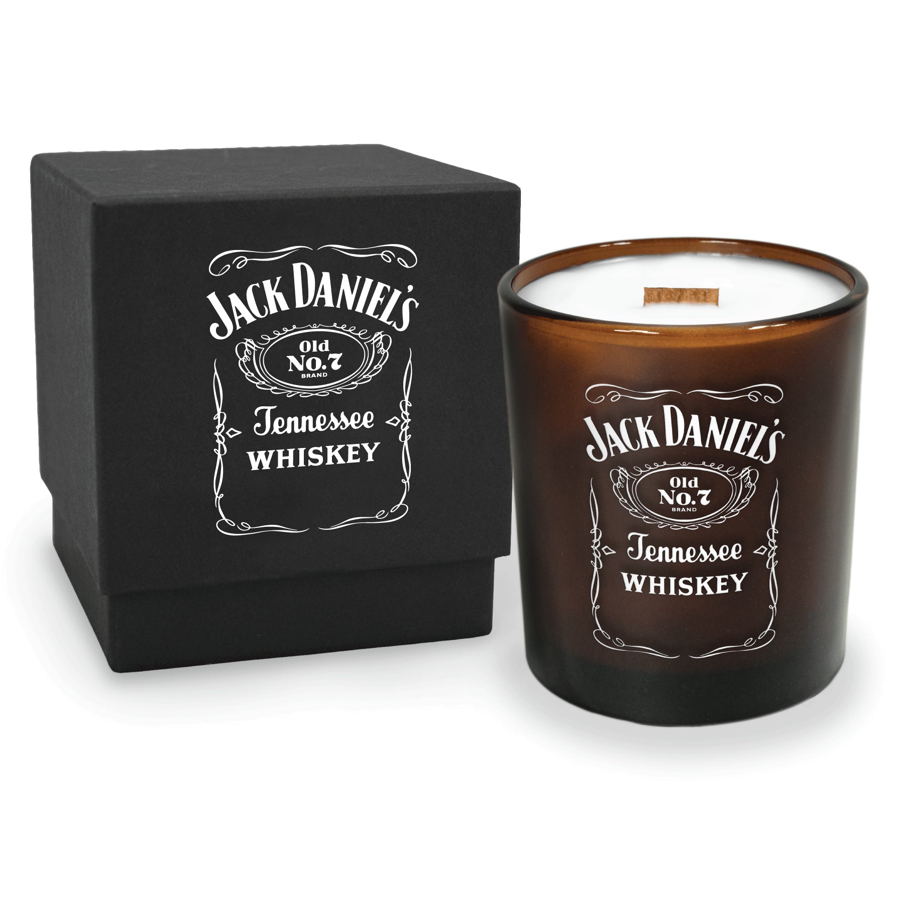 14 oz amber luxury candle with black gift box without lid, displaying custom branding
