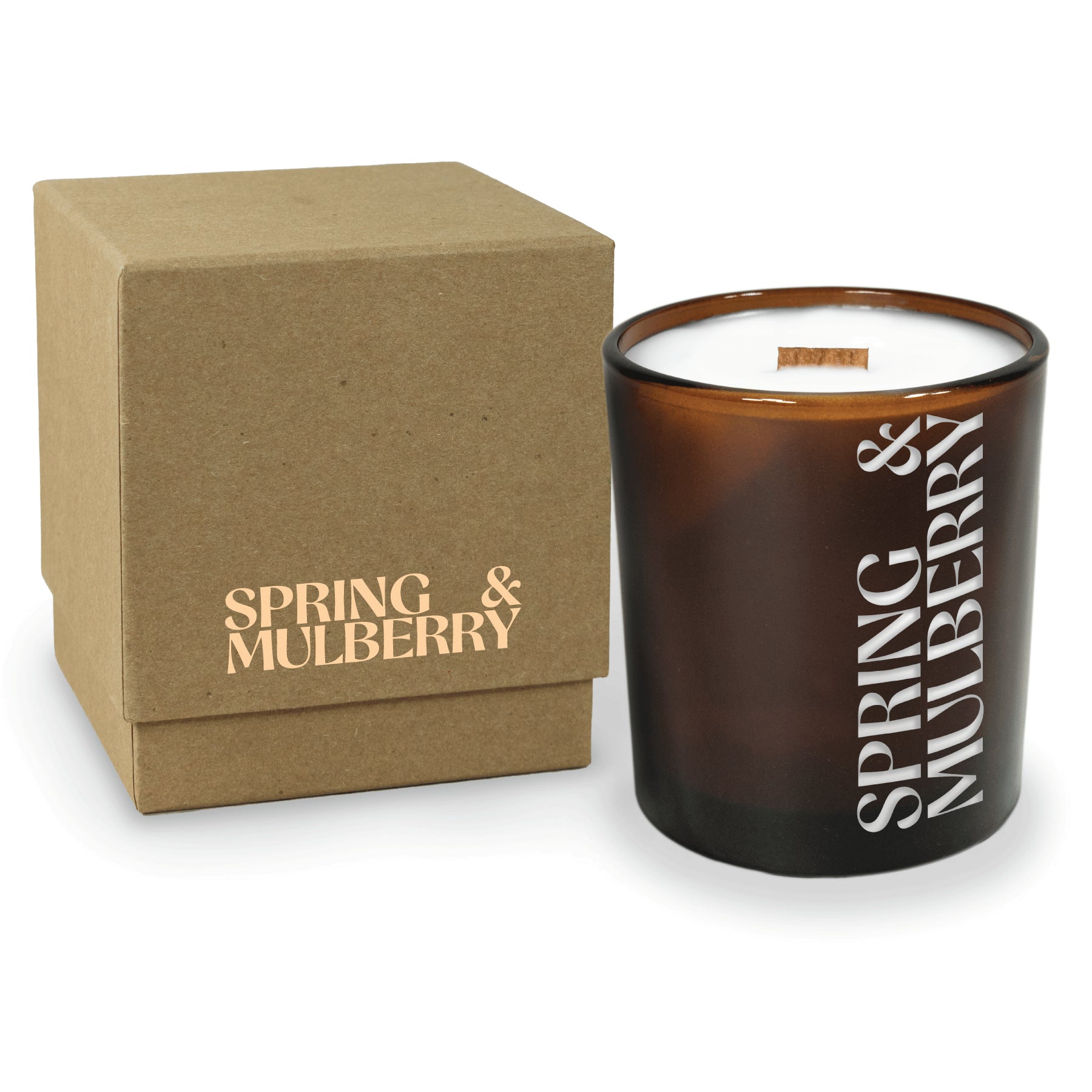 14 oz amber luxury candle with kraft gift box without lid, showing the candle with custom engraving