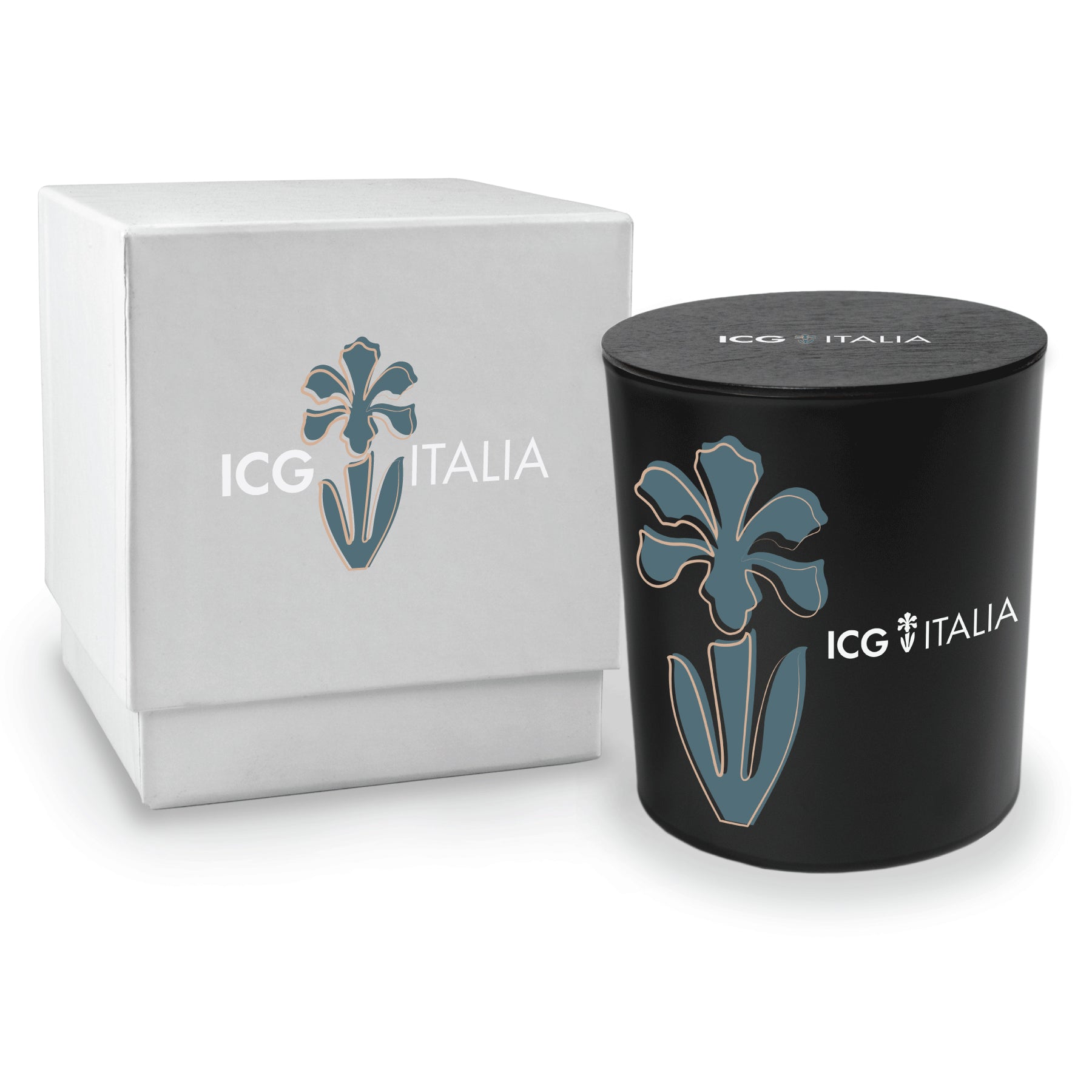14 oz black glass candle closed with black lid next to matching white gift box, all featuring multicolor branding.