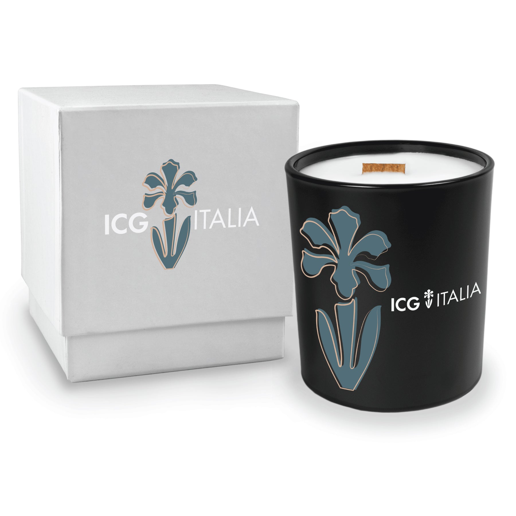 14 oz black glass candle next to matching white gift box both featuring multicolor branding.