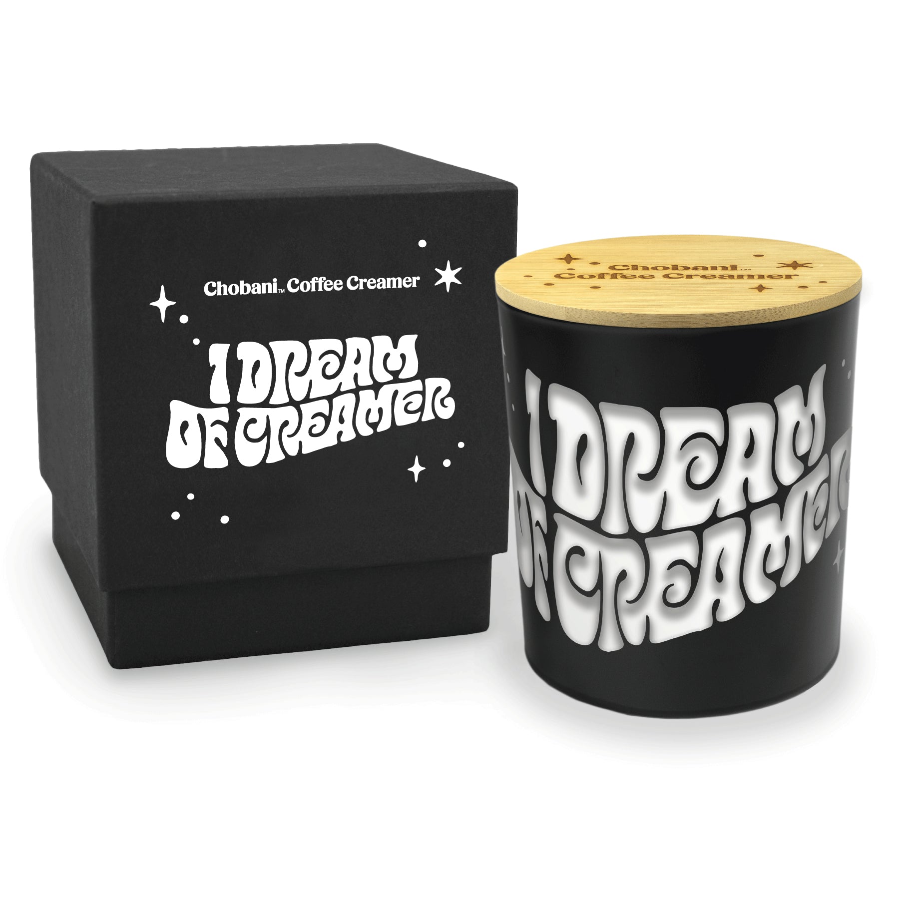 Close-up view of 14 oz black luxury candle showing engraved personalization detail and an accompanying engraved lid