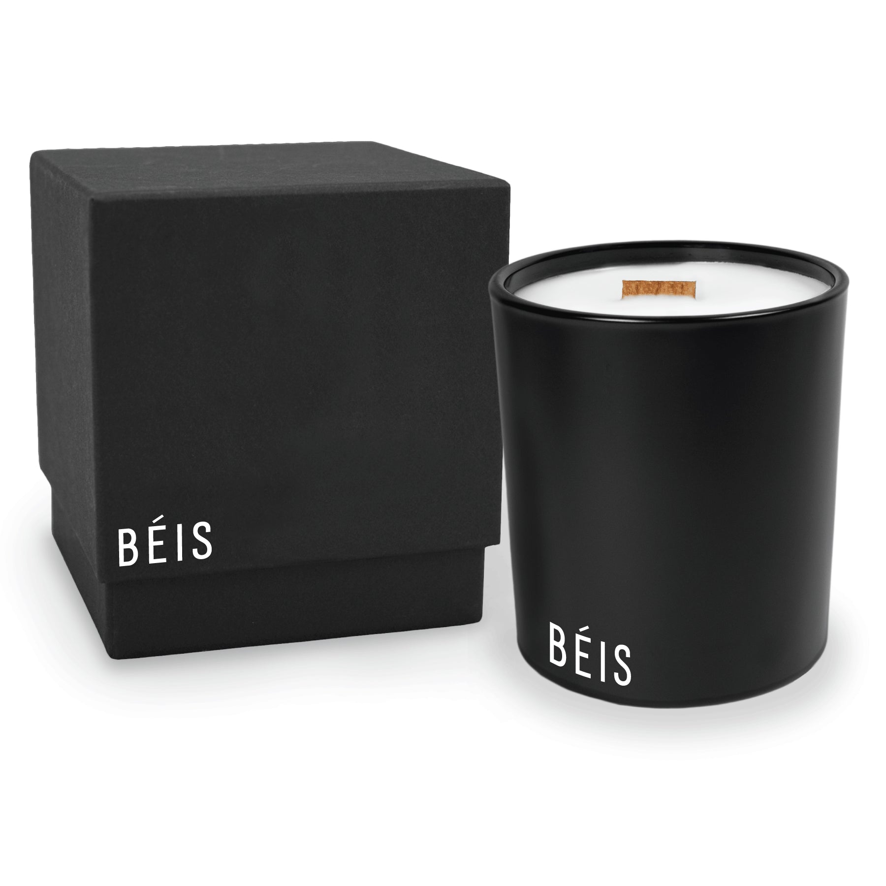 14 oz luxury black soy candle with wooden wick in white wax and Black gift box decorated with matching small white logos on their bottom left