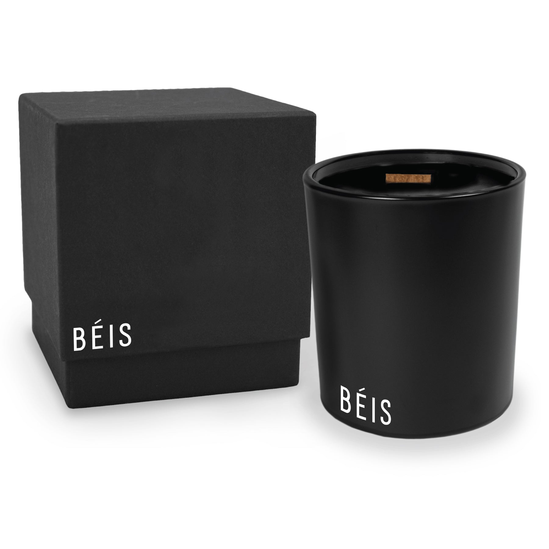 14 oz luxury black soy candle with wooden wick in black wax and Black gift box decorated with matching small white logos on their bottom left