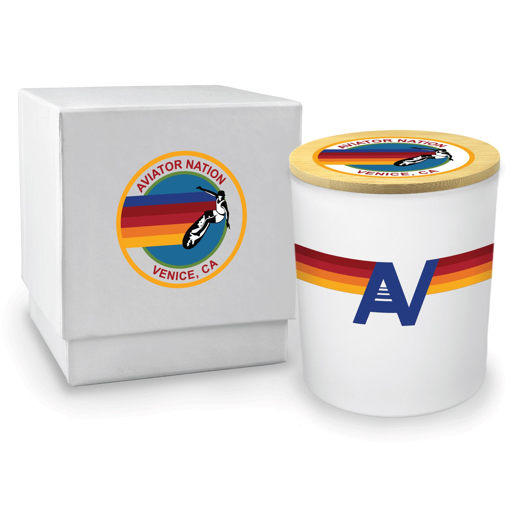 14 oz luxury white soy candle with wooden wick and white gift box with lid on, featuring 4-color imprint