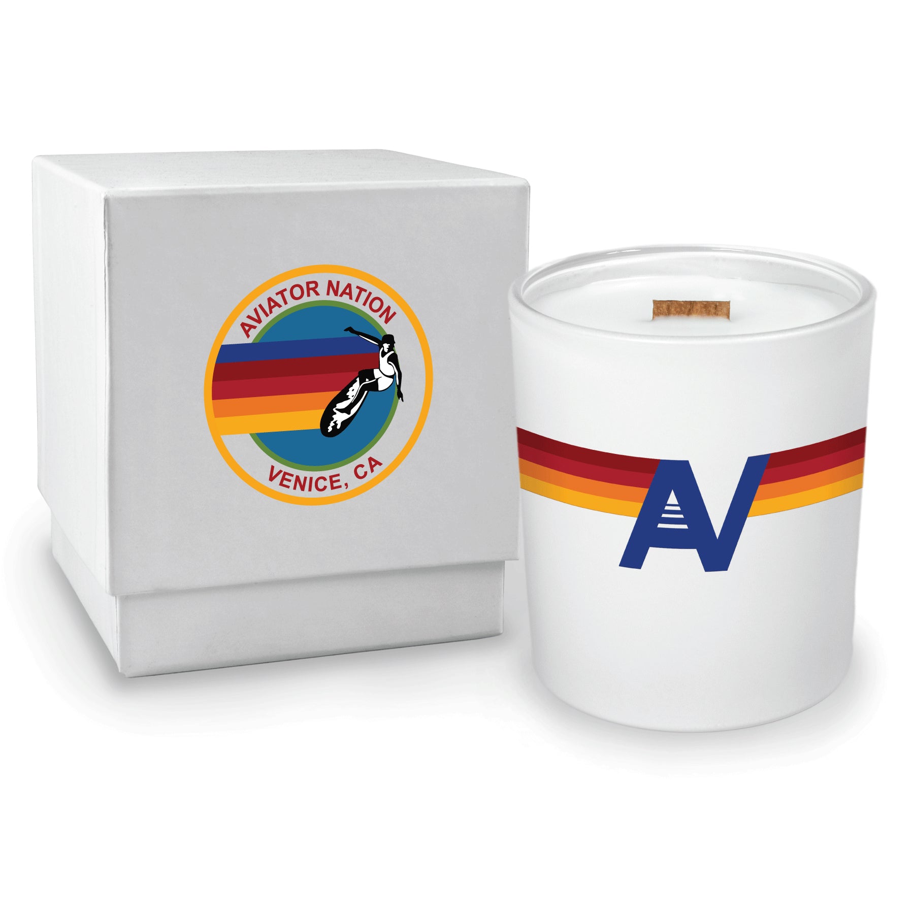 14 oz luxury white soy candle with wooden wick and white gift box, lid removed, featuring 4-color imprint