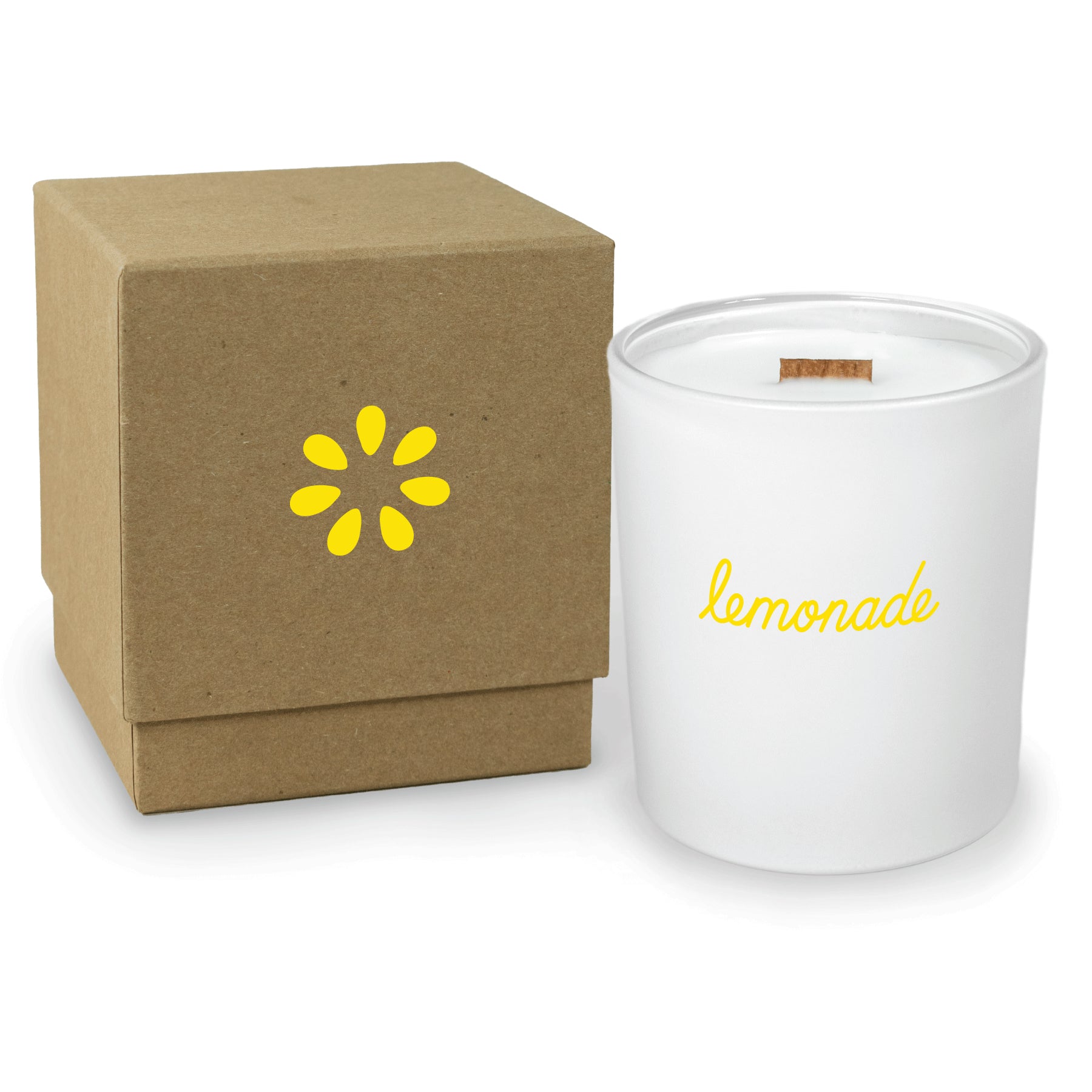 14 oz luxury white soy candle with wooden wick and kraft gift box, featuring very bright yellow 4-color imprint